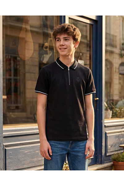 REDTAG Senior Boys Black Jacquard Polo T-Shirt With Tipping Collar