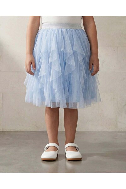 REDTAG Girls Blue Ruffle Layered Mesh Skirt