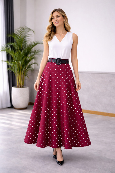 ŞIK VE MUTLU Polka Dot Bell Model Skirt with Self-Waist Belt