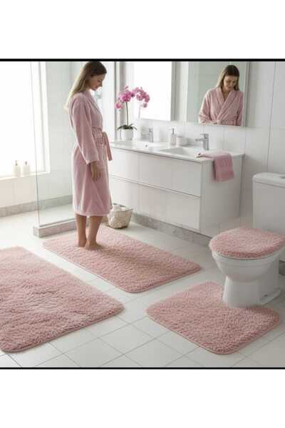 SHAGY HOME Bathroom Mat 4-Piece Shaggy Mat Set Putra Pink Large Size 60X100 N...