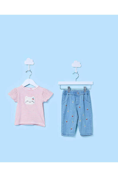 REDTAG Infant Girls Pink Appliqué Top With Jeans Set
