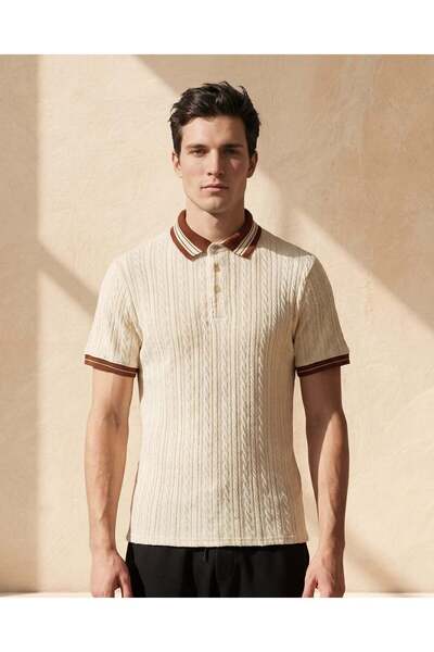 REDTAG Men Beige Jacquard Polo Shirt