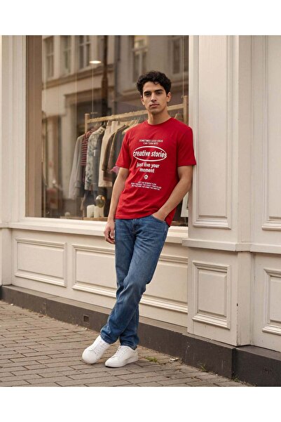 REDTAG Men Red Printed T-Shirt