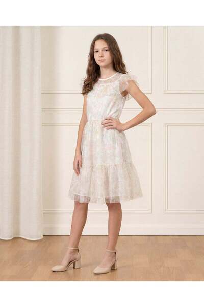 REDTAG فستان شبكي عاجي مزين بنقوش زهور للبنات الكبيرات