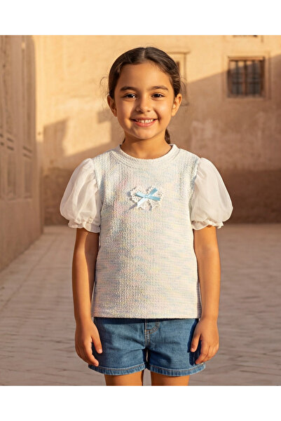 REDTAG Girls Light Blue Waffle Jersey Top With 3D Embellishment