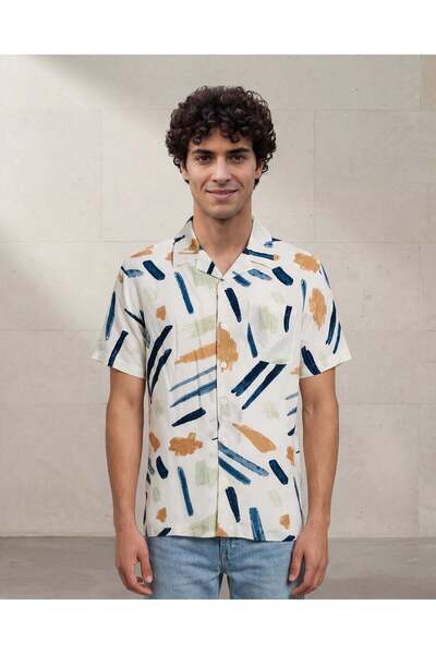 REDTAG Men Cream Printed Rayon Shirt With Chest Pocket