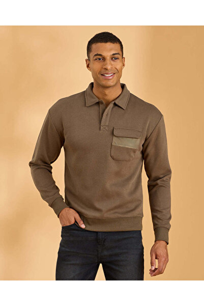 REDTAG Men Brown Classic Polo Collar Sweatshirt