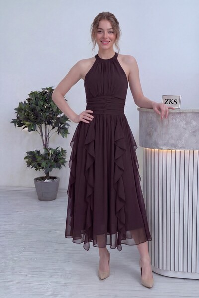 zks grup tekstil Women's Halter Neck Ruffled Midi Length Chiffon Dress Brown,...