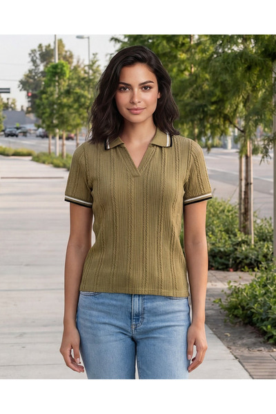 REDTAG Women Green Jacquard Polo T-shirt