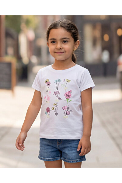 REDTAG تيشيرت أبيض للبنات برسومات زهور ثلاثية الأبعاد من قماش شبكي