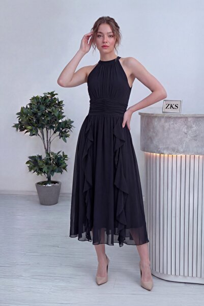 zks grup tekstil Women's Halter Neck Ruffled Midi Length Chiffon Dress Brown,...