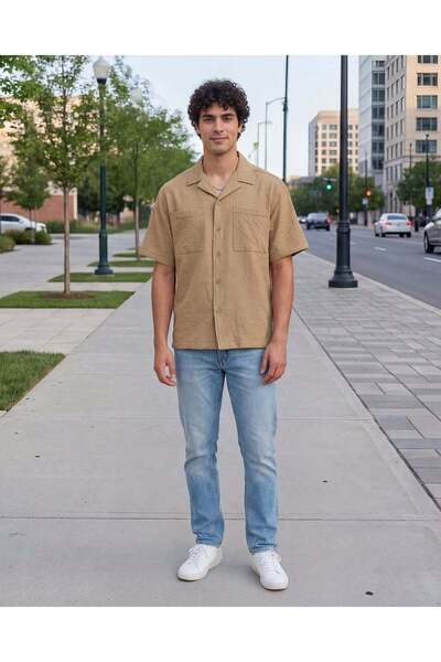 REDTAG Men Beige Boxy Fit Short Sleeve Shirt