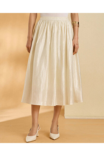 REDTAG Women Cream Metallic Shinny Gathered Flare Skirt