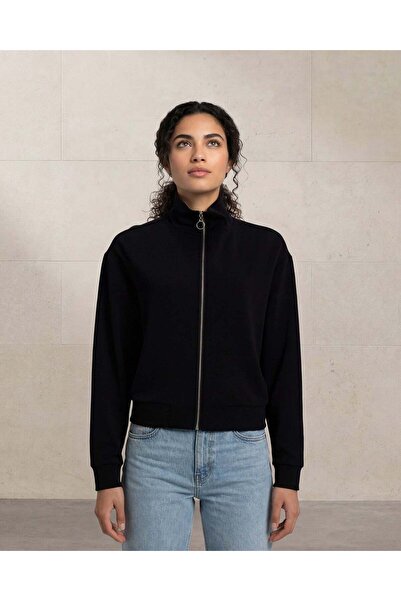 REDTAG Women Black High Neck Zip Sweatshirt