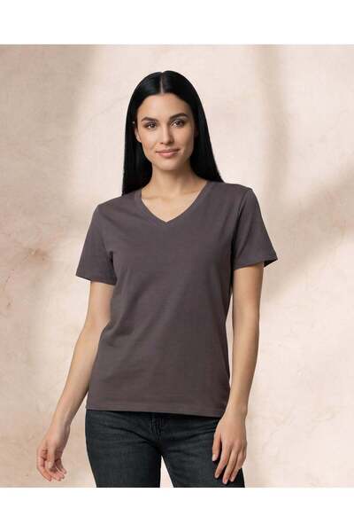 REDTAG تيشيرت نسائي قصير الأكمام بياقة على شكل حرف V باللون الرمادي الداكن