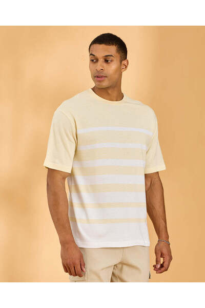 REDTAG Men Beige Striped Jacquard T-Shirt