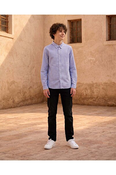 REDTAG Senior Boys Blue Striped Shirt