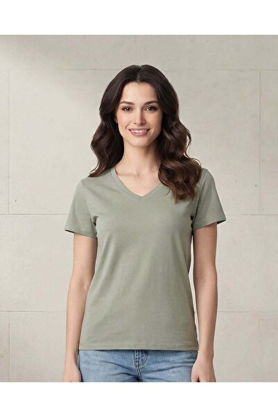 REDTAG Women Green Short Sleeve V-Neck T-Shirt