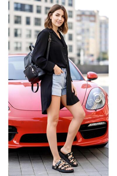 PUNTO 513093 شبشب نسائي ذو نعل مسطح مزين بإبزيم ذهبي وحزام مرصع