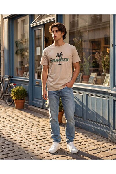 REDTAG Men Beige Printed T-Shirt