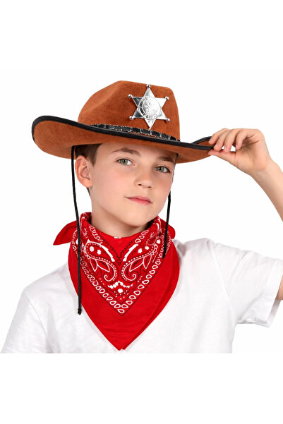 magicool Children's Cowboy Hat with Badge Brown Red Bandana Set