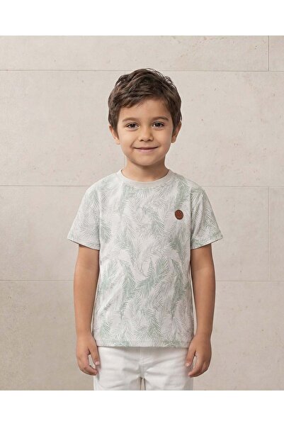 REDTAG تيشيرت للأولاد بنقشة أوراق الشجر باللونين الأخضر والرمادي بنقشة جاكار