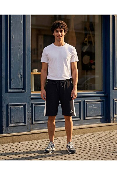 REDTAG Men Black Ottoman Cut & Sew Mid Length Shorts