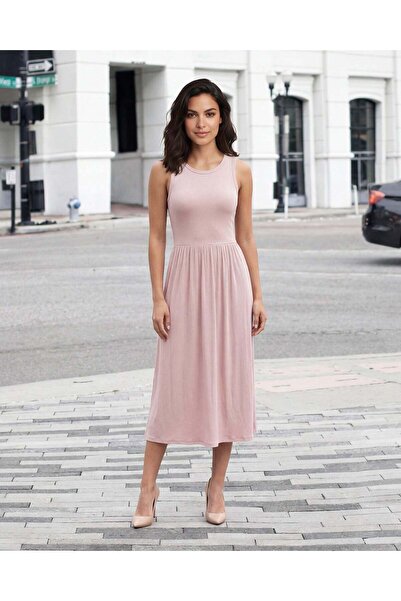 REDTAG Women Pink Ribbed Midi Dress