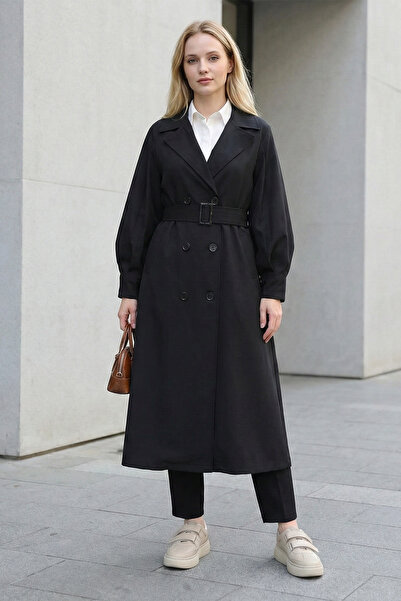 FERHEL Women's Balloon Sleeve Belt Detailed Long Trench Coat - Black