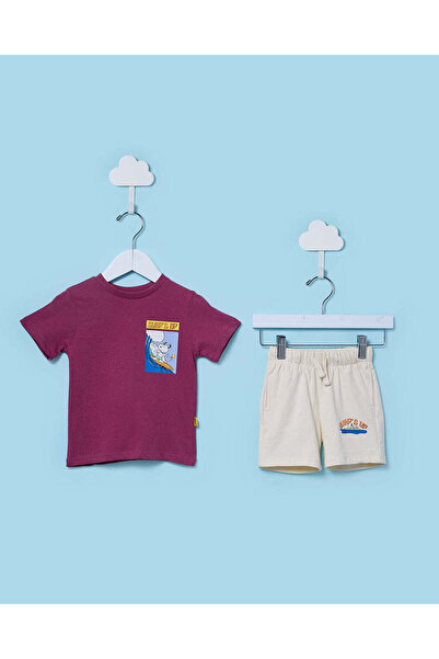 REDTAG طقم تيشيرت وشورت للأطفال الرضع من الذكور، باللون الأرجواني، مطبوع عليه...