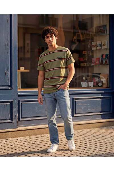 REDTAG Men Green Striped T-Shirt