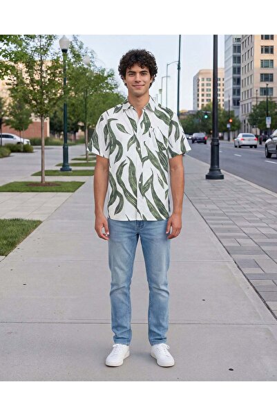 REDTAG White And Green Allover Print Resort Collar Slub Poplin Shirt