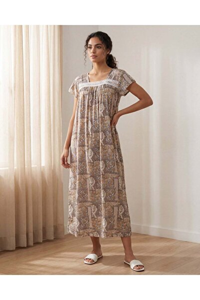 REDTAG Women Beige Floral Short Sleeves Nightgown