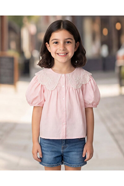 REDTAG بلوزة بناتي وردية فاتحة بأكمام منفوخة دانتيل دانتيل