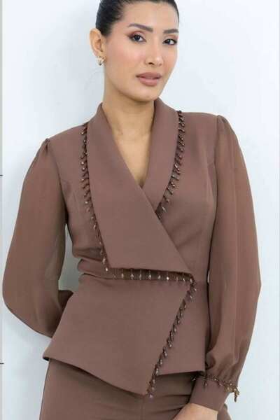 Moda Amore Special Collection - Chiffon Sleeved Stone Detailed Black Suit 415