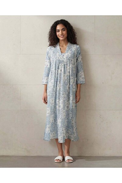 REDTAG قميص نوم نسائي أزرق مزهر بأكمام طويلة