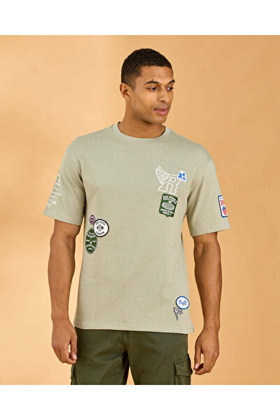 REDTAG Men Green Embellished Terry T-Shirt