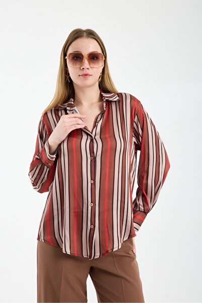 Moda Days Cămașă de damă din satin, maro-bej, cu manșete largi, cu dungi