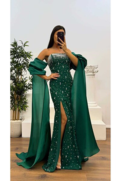 saher-alshrek Embroidered olive taffeta dress