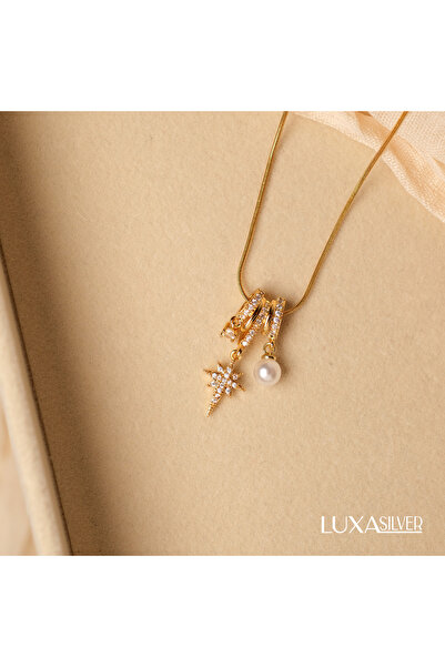 luxa silver jewellery Yıldız Zirkon Taşlı Gold Yüksek Çelik Kolye / İnci, Tek...