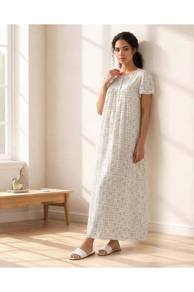 REDTAG قميص نوم نسائي أزرق مطبوع بأكمام قصيرة