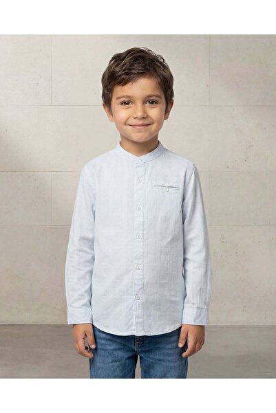 REDTAG Boys Blue Dobby Mandarin Collar Shirt