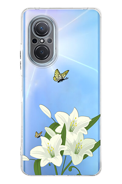 FLAMENKO Huawei Nova 9 Se Compatible White Lily Pattern Transparent Phone Case