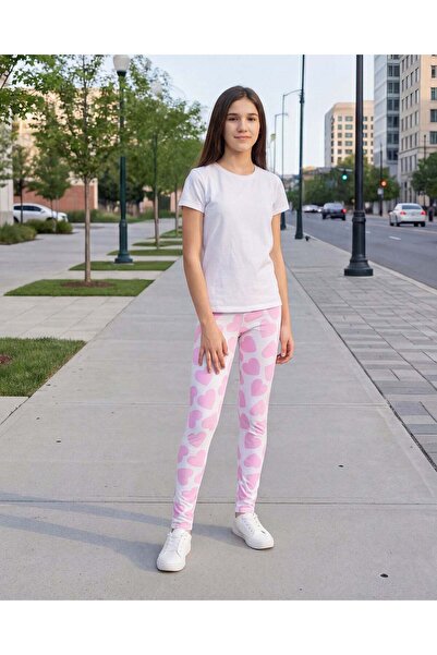 REDTAG Senior Girls Pink Heart Print Skinny Fit Leggings