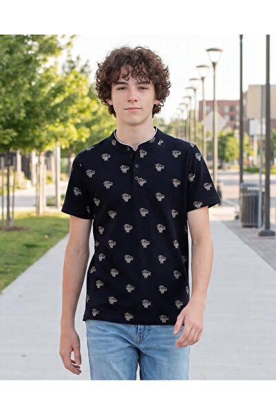 REDTAG Senior Boys Black Mandarin Collar T-shirt