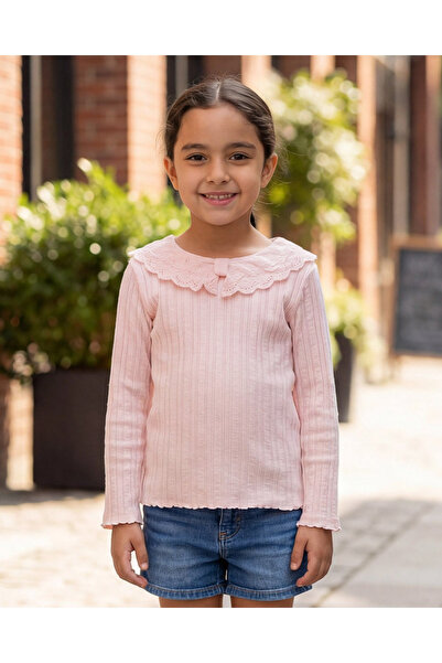 REDTAG Girls Pale Pink Jacquard Collared Long Sleeve Top