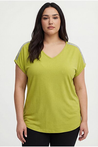 Ebsumu Women's Plus Size Green Blouse with Stones on the Shoulders