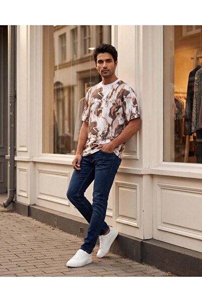 REDTAG تي شيرت رجالي بني مطبوع