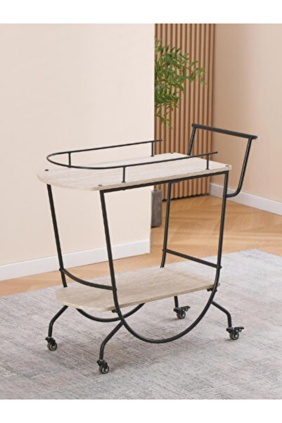 BEC30 Modern two-tier wooden serving trolley with black metal frame