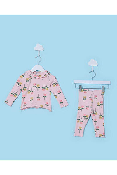 REDTAG Infant Girls Light Pink Floral Rib Top and Leggings Set
